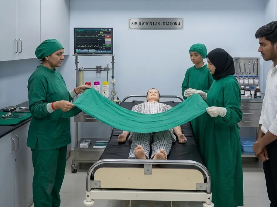 Students practising clinical procedures in the simulation laboratory at L.N. Paramedical Institute, Borivali